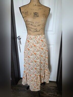 Allegra K Floral Ruffle-Hem Maxi Skirt in Cream and Orange